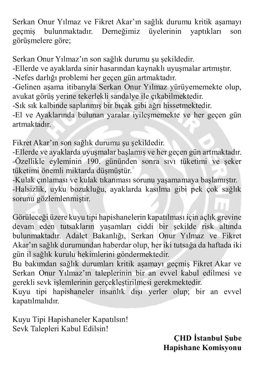 26.10.2025 tarihi itibarıyla derneğimize ulaşan bilgilere göre, açlık grevi ve ölüm orucu eylemine devam 15 tutsak bulunmaktadır. 

Serkan Onur Yılmaz; 26 Ekim tarihi itibarıyla ölüm orucu eyleminin 350. Gününe gelmiştir.

Açıklamamız ektedir.

#KuyuTipiHapishanelerKapatılsın