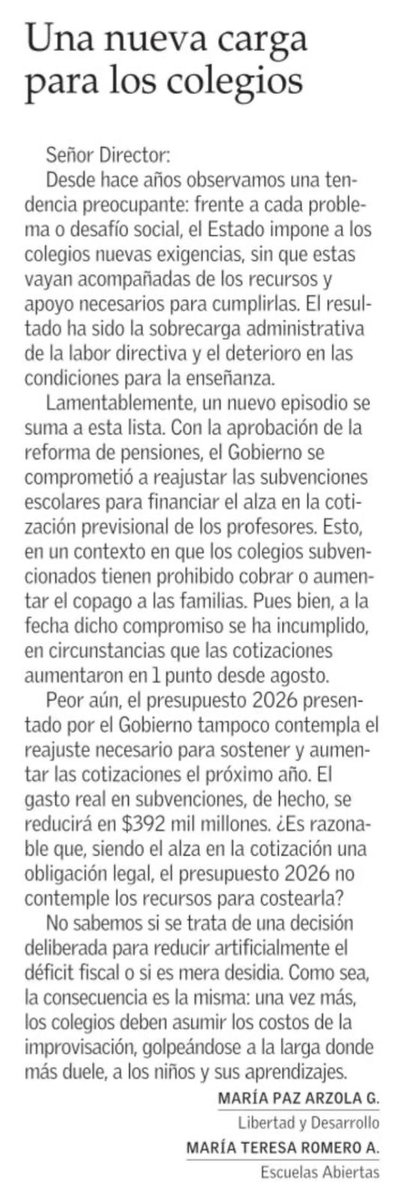 Un incumplimiento del gobierno y una nueva carga para los colegios.
Carta que nos publica hoy <a href="/__elmercurio/">El Mercurio</a>