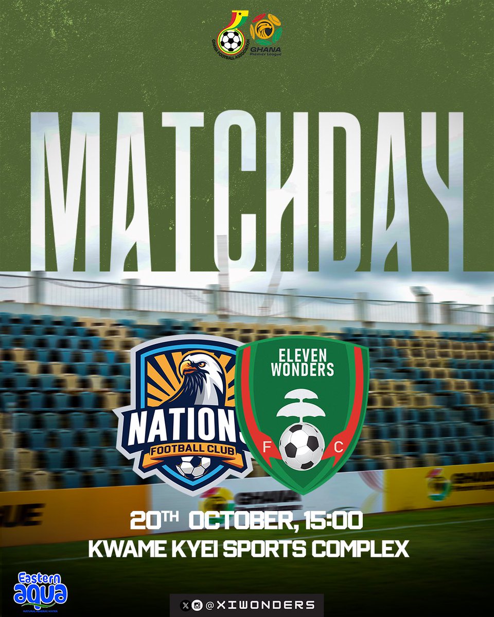 XIWondersFC's tweet photo. 👊🏾 𝐌𝐀𝐓𝐂𝐇𝐃𝐀𝐘 

🆚 Nations FC
🏟️ Kwame Kyei Sports Complex 
⏱️ Kick-off: 15:00 GMT

#XIWonders || #GPLWk7 || #NATELE https://t.co/jg5beERzkJ