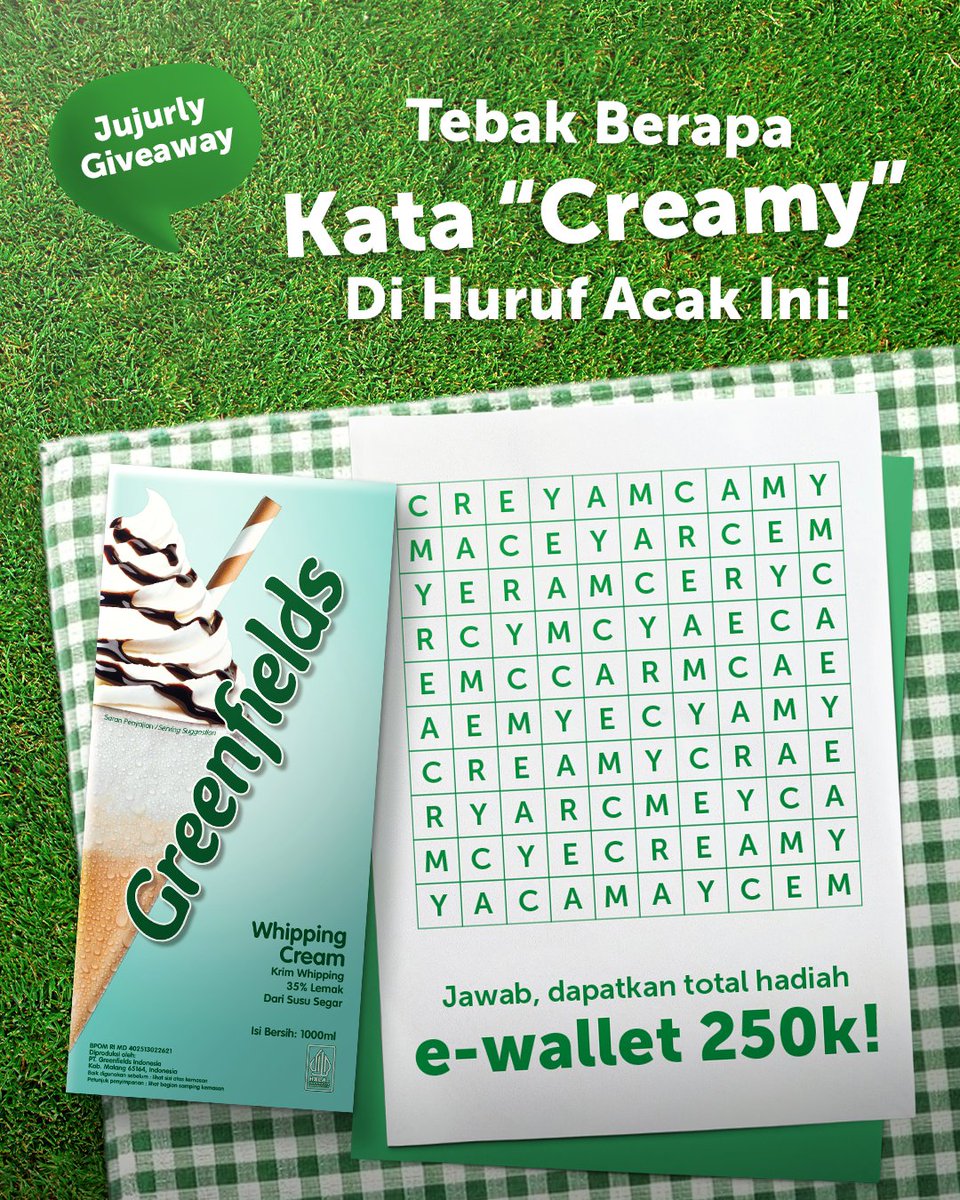 Cuma 1% orang yang bisa nemuin kata-katanya. Kalian termasuk? 🤔

Cara ikutannya:
1. Follow <a href="/GreenfieldsID/">Greenfields Dairy Indonesia</a> dan pastikan akun tidak di-private.
2. Jawab dan sertakan hashtag #JujurlyPurePremiumlyCreamy.
3. Like, comment, dan share postingan ini dan 5 postingan sebelumnya.
4. Tag 3