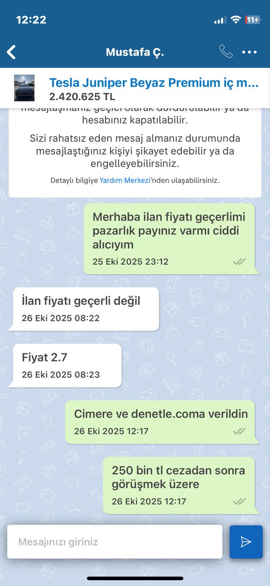 denetlecomtr's tweet image. Sattığı Tesla aracın fiyatını ilana 2.420.625 TL olarak giren ancak özelde 2.700.000 TL isteyen satıcı:

“Bebeğim o fiyata sattığımı kanıtlarsan o cezayı verirler. Yanında selamlarımı da ilet.”