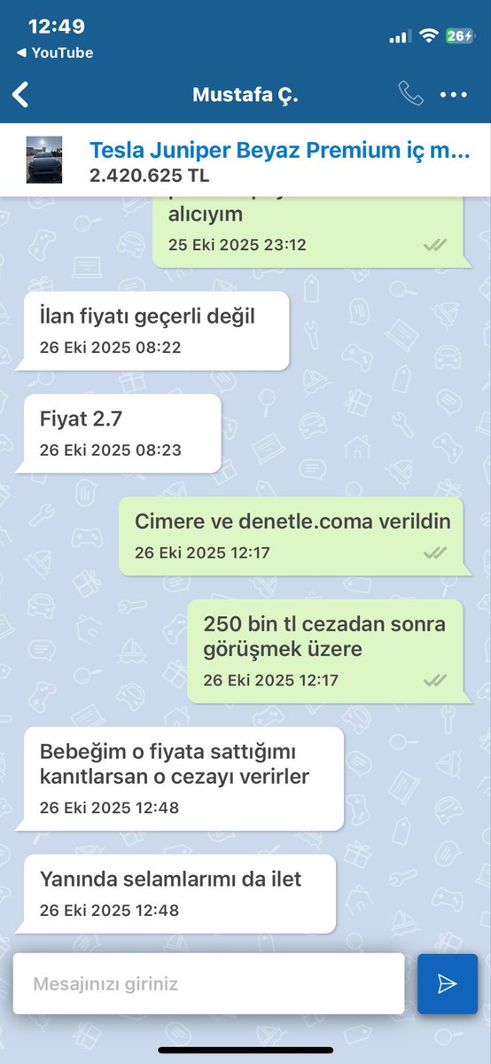 denetlecomtr's tweet image. Sattığı Tesla aracın fiyatını ilana 2.420.625 TL olarak giren ancak özelde 2.700.000 TL isteyen satıcı:

“Bebeğim o fiyata sattığımı kanıtlarsan o cezayı verirler. Yanında selamlarımı da ilet.”