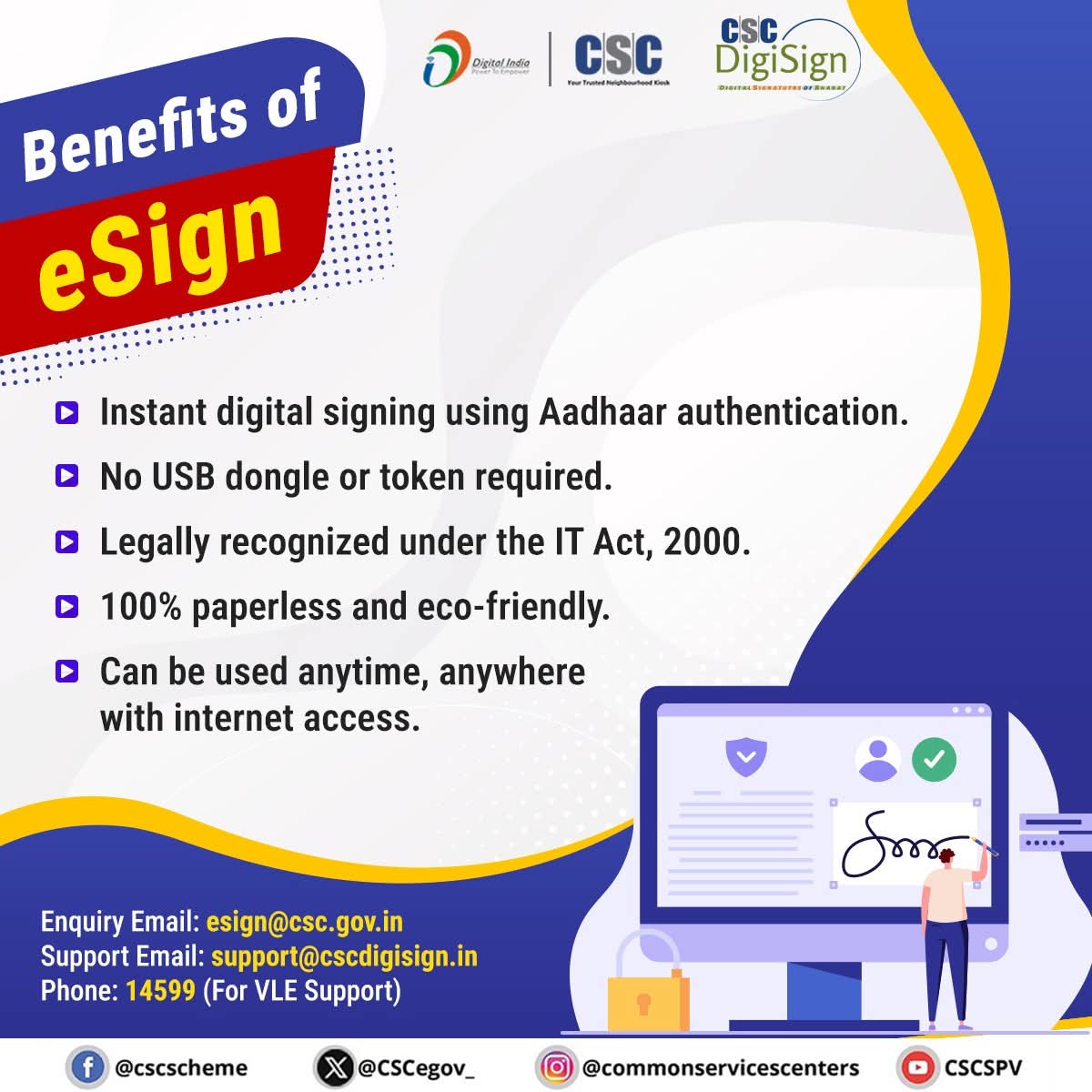 CSCegov_'s tweet image. CSC eSign Services...
Digitally sign any documents on any device from anywhere-anytime...
To avail eSign Service, visit: cscdigisign.in
For more information, contact us at support@cscdigisign.in or call us at 14599 (For VLEs) & 7217616654 (For Clients/Citizens).
#CSC…