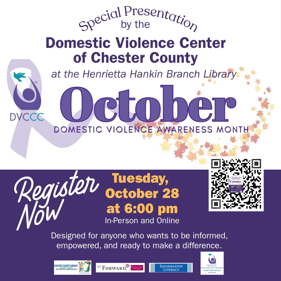 HankinLibrary's tweet image. Join us on TUESDAY, OCTOBER 28 at 6 pm for a special Hybrid Program on Domestic Violence &amp;amp; DVCCC Services: What Everyone Should Know. 

Learn more and register here: buff.ly/7lez7tG 

#HankinLibrary #PAForward #InformationLiteracy