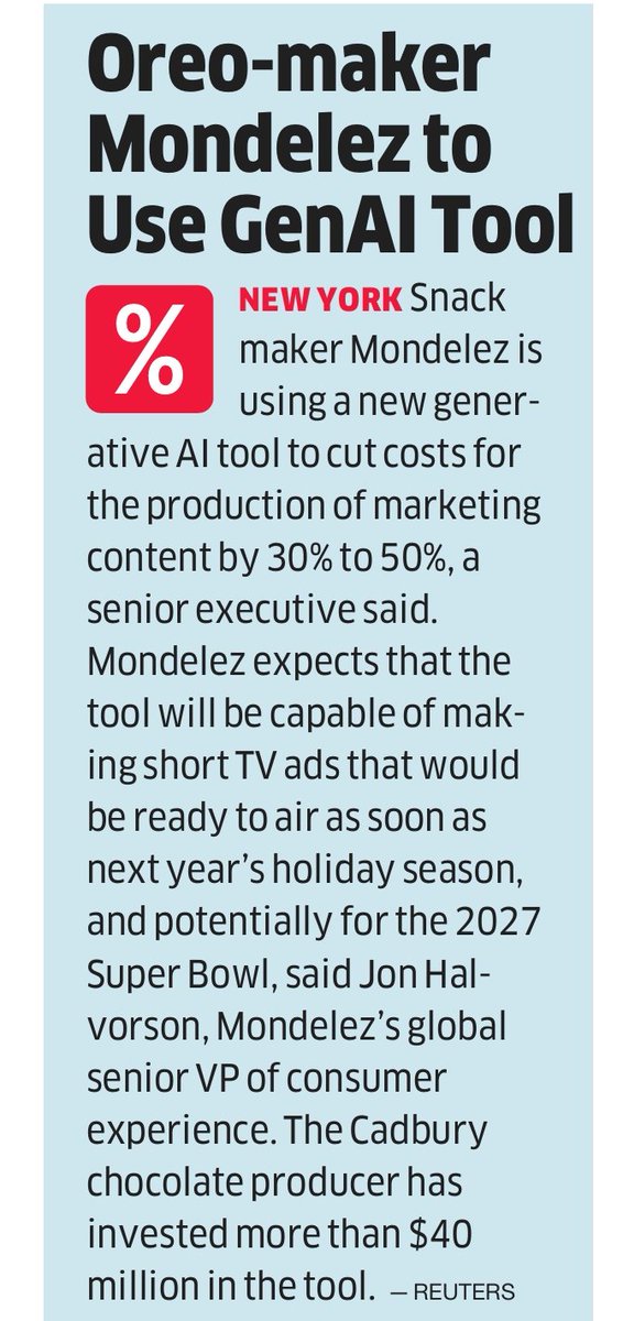 30%-50% cost cutting in one of the most creative sector of ad making, think of the efficiency AI is going to bring in sectors which requires less creativity and are general in nature. <a href="/elonmusk/">Elon Musk</a> <a href="/BillGates/">Bill Gates</a>