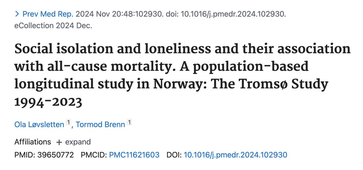 BrandonLuuMD's tweet image. Social connection is an underrated predictor of health.

29-year Norwegian study: Social isolation increased all-cause mortality risk by 37-41% (most vs least isolated), even after adjusting for smoking and other risk factors.