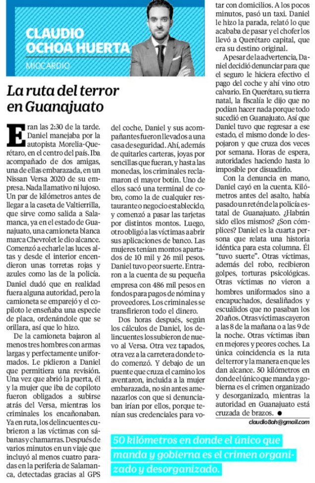 La ruta del terror en Guanajuato, por Claudio Ochoa Huerta <a href="/ClaudioOchoaH/">Claudio Ochoa Huerta</a> en <a href="/El_Universal_Mx/">El Universal</a>:
La ruta del terror: 50 kilómetros en donde el único que manda y gobierna es el crimen organizado y desorganizado, mientras la autoridad en Guanajuato está cruzada de brazos.