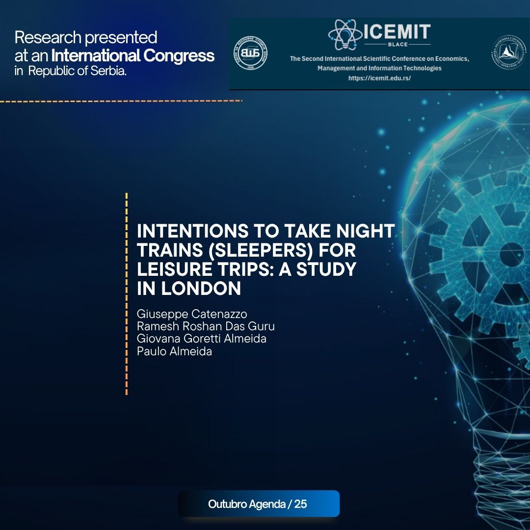 From Oct 9–11, we joined #ICEMIT in Serbia 🇷🇸!
Our postdoc Giuseppe Catenazzo presented the study “Intentions to Take Night Trains for Leisure Trips: A Study in London”, co-authored by Ramesh Roshan Das Guru, Giovana Almeida and Paulo Almeida.
#Sustainable #Tourism #NightTrains