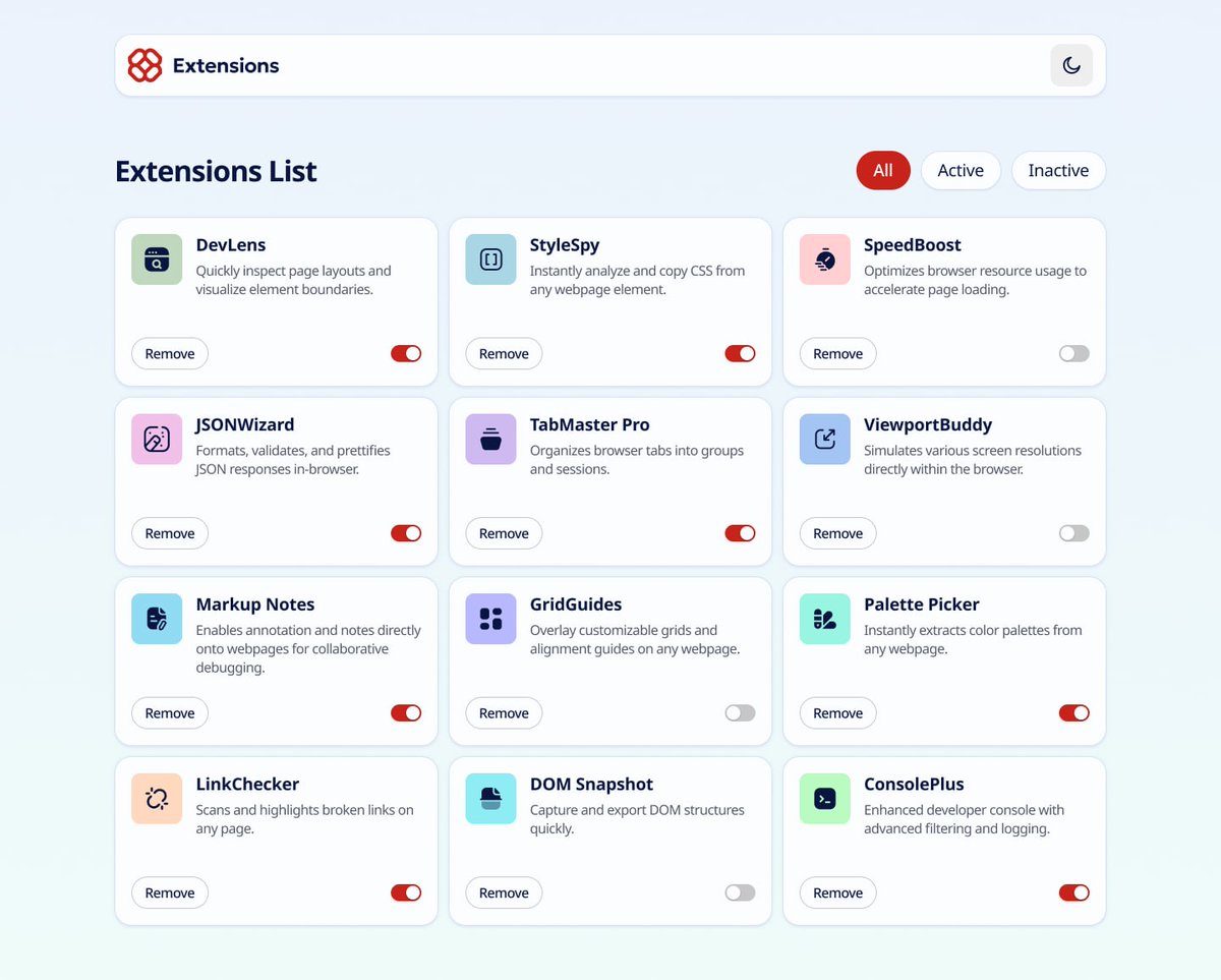 DevMasud's tweet image. Just completed a coding challenge by @frontendmentor
a browser extensions manager interface with a fully functional UI built using React and Tailwind CSS.
It was an amazing experience seeing how closely I recreated the provided template.
Live demo: …wser-extensions-manager-ui.vercel.app