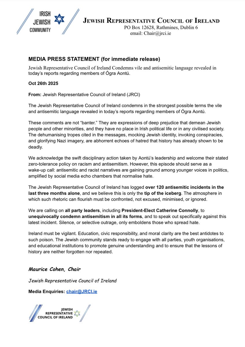 Good afternoon, everyone. An important post. 

Today the Sunday Independent revealed the contents of WhatsApp group chat of Ógra Aontú (Aontú Youth) members. Aontú is a socially conservative political party in Ireland. 

There were horrifying antisemitic messages, amongst other