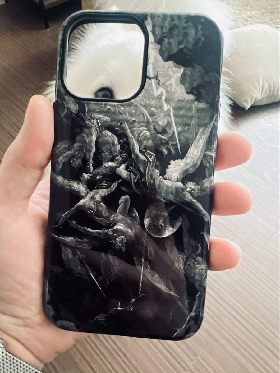 New phone case. Philo inspecting in the background