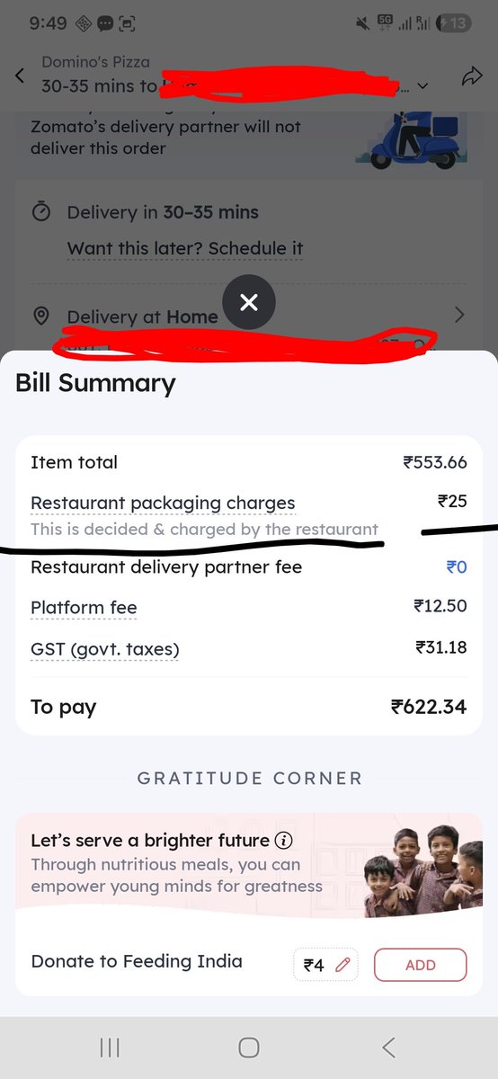 Horcruxy's tweet photo. shady packaging charges added by @zomato on behalf of @dominos_india!!
everyday @zomato is stooping to a new low to loot money from subscribes.
@deepigoyal thinks customers are fool! 
when delivery + packaging is handled by dominos purely,
on what basis @zomato is charging extra? https://t.co/n3akJpdGs0