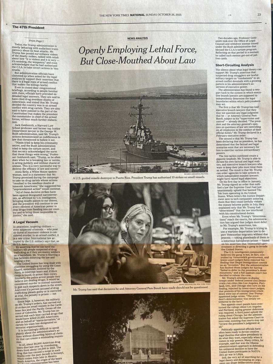 Hoy domingo 26 de octubre el el periódico New York Times <a href="/nytimes/">The New York Times</a> dedica su artículo central a los bombardeos  de la administración Trump en el pacífico y el Caribe. 

El artículo señala un cierto consenso entre sectores republicanos y demócratas en señalar que lo llevado acabo