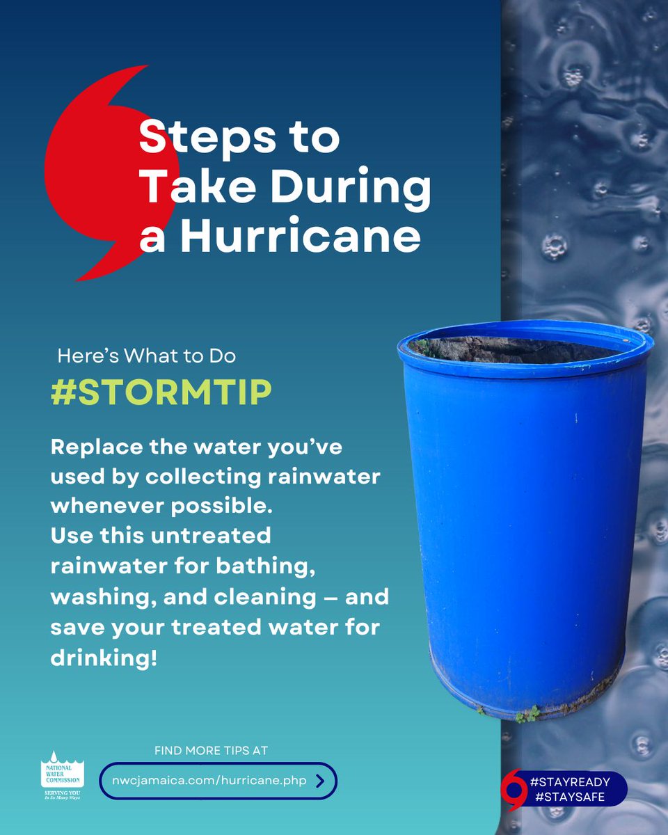 NWCjam's tweet photo. Be Smart with Water During the Storm! π§οΈ
Replace the water youβve used by collecting rainwater whenever possible.
Use this untreated rainwater for bathing, washing, and cleaning β and save your treated water for drinking! π
#StaySafe #StayReady #StormTip #TeamNWC https://t.co/dn2OWJRNf6