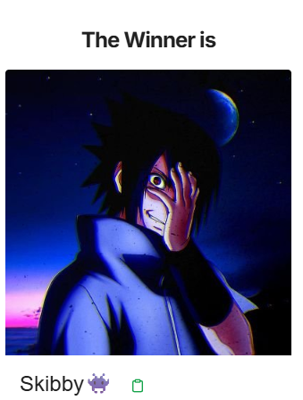 Winner of the gaw is <a href="/Skiblui_/">Skibby👾</a>  congratulations🎉 DM for prize!

Draw ID: 1761496243973