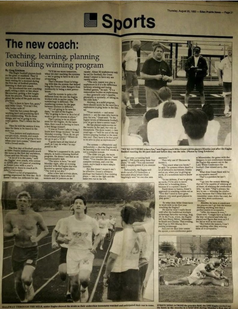aclark16's tweet photo. @FootballEPHS Congratulations from your 1992 EP Team Coach!

Here's a look at the first article written about Coach Grant taking over at Eden Prairie in the summer of '92. His plan was to build a winning program starting with the 22 seniors that has won just two games the previous two seasons. https://t.co/HeflU6B4bW