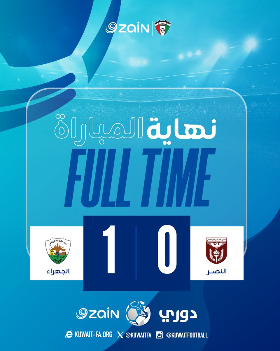 نهاية المباراة 💥⚽
النصر 0 - 1 الجهراء

#دوري_زين
#KuwaitFA
#النصر_الجهراء