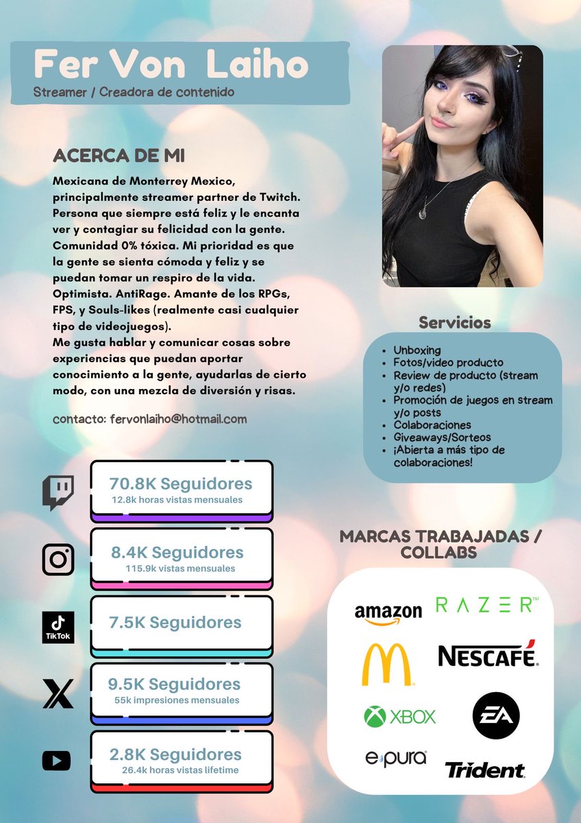 Dejo aquí mi media kit!
Después de años me animé ya que me interesa trabajar con más marcas!! :)
Agradezco mucho a las marcas con las que ya he trabajado por haberme buscado y confiado en mí sin haber tenido un media kit 💜
(me ayudaría muchísimo si gustan darle like y/o rt 💜)