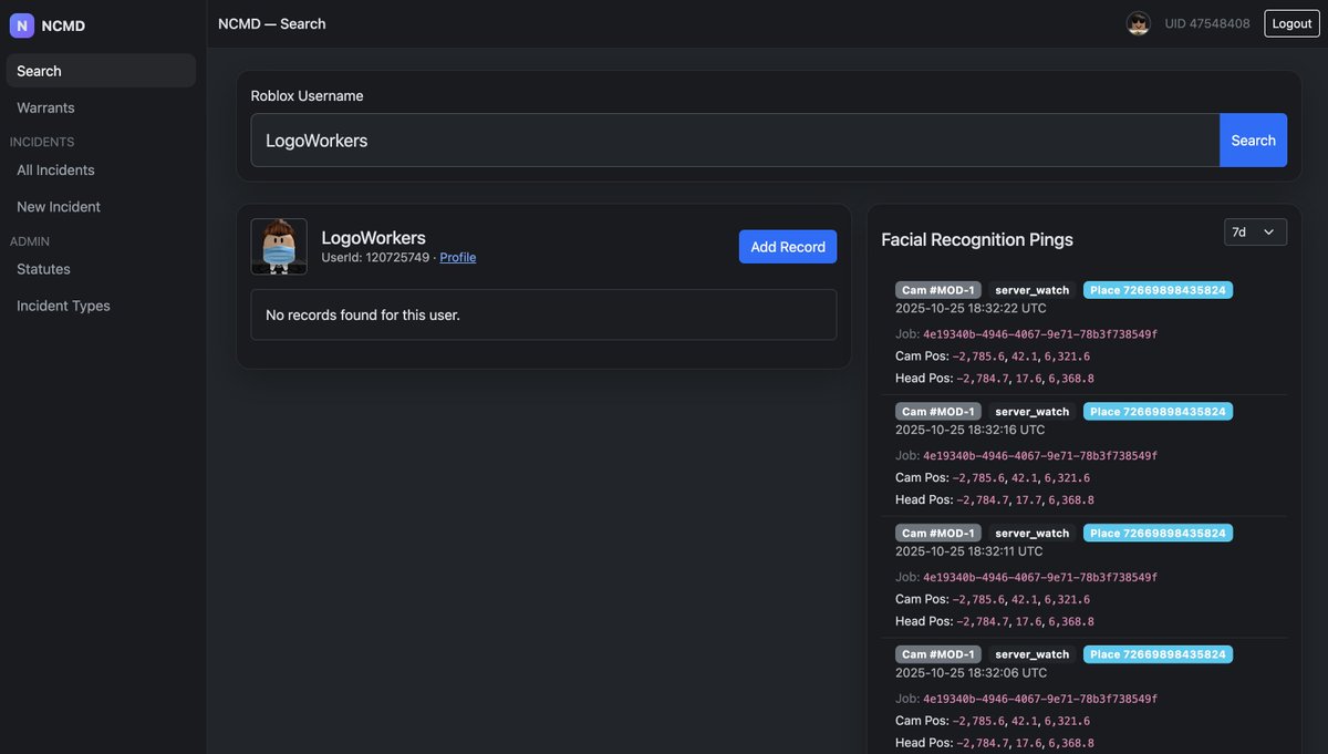 WelshRoblox's tweet image. One of the core systems for the Korea Project at @WalesStudiosRX - a facial recognition system integrated with our website via Roblox&apos;s API.

The facial recognition cameras ca be viewed live and all hits are datastored with location and viewable via our website. #RobloxDev