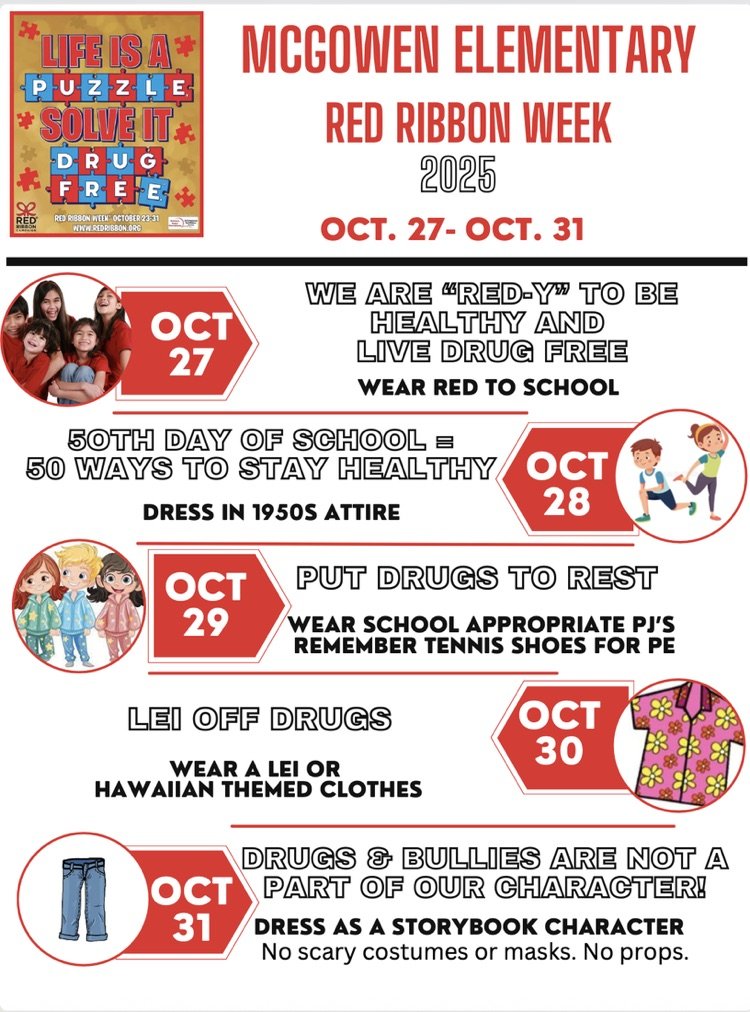 Red Ribbon Week begins tomorrow. Wear Red to kick off a great week!