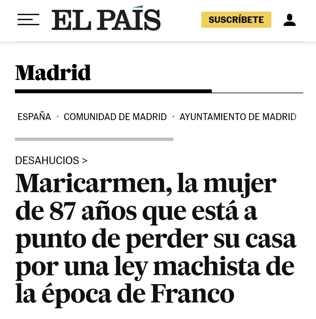 -1956 Franco: la familia obtiene vivienda asequible. Alquiler vitalicio y heredable por cónyuge y descendientes. 
-1985 PSOE: elimina esa protección.
-2018 PSOE: los propietarios venden el edificio.
-2025 PSOE: la desahucian.

50 años de democracia, pero Franco y el machismo.