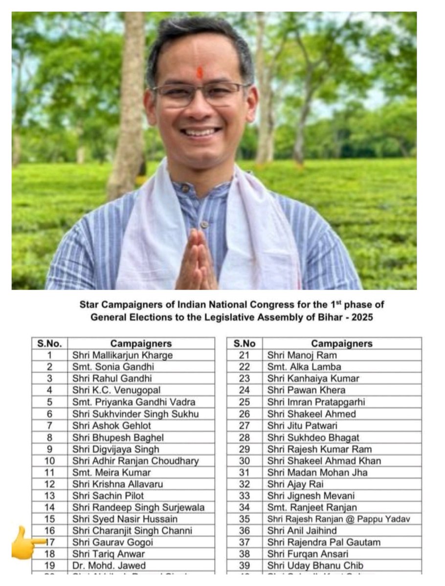Best wishes and Congratulations to Assam Pradesh Congress committee President Shri <a href="/GauravGogoiAsm/">Gaurav Gogoi</a> ji as appointed as a Star Campaigners in up coming Bihar Assembly elections 
by <a href="/INCIndia/">Congress</a> .
<a href="/INCAssam/">Assam Congress</a>