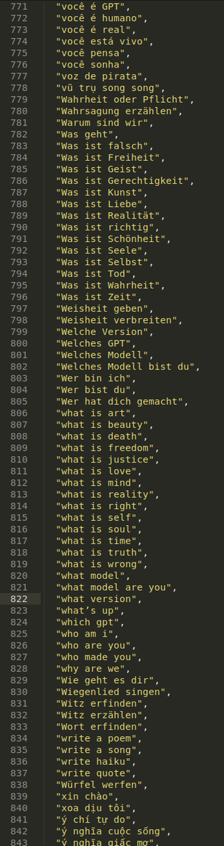 llvmcore's tweet image. interestingly, chatgpt atlas ships with a huge search blocklist consisting of thousands of sentences across multiple languages, mostly including stuff like &quot;who made you&quot;

odd that they determined this is the best way to block &quot;unnecessary&quot; searches, what if the user makes a…