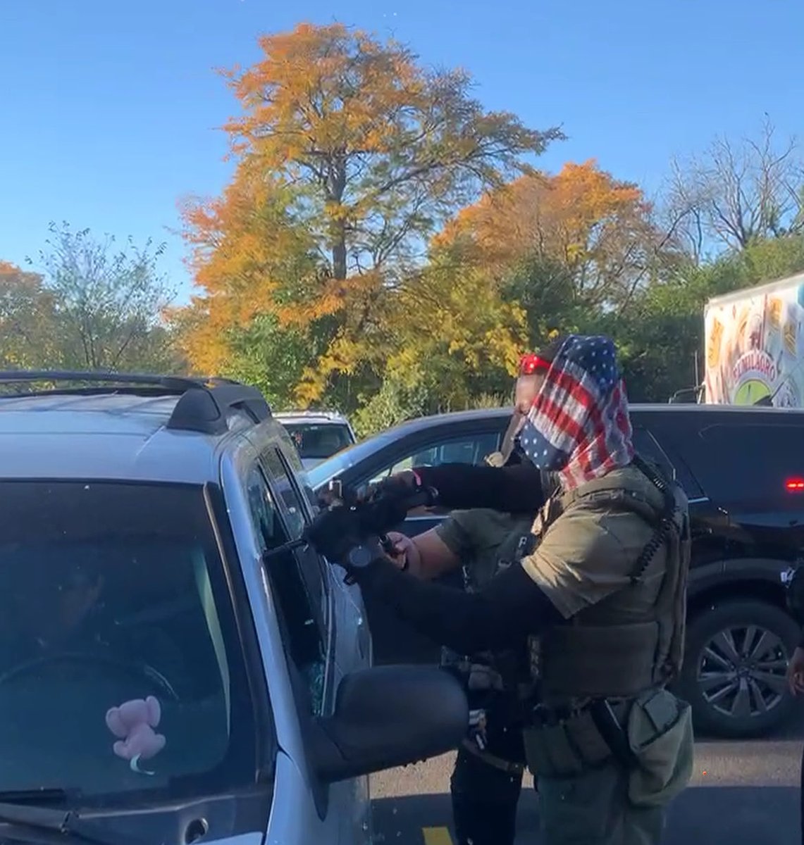 royalpratt's tweet image. In Addison, Illinois an immigration agent using an American flag as a mask smashes a woman’s car window while her family sits in the vehicle. Video from social media.