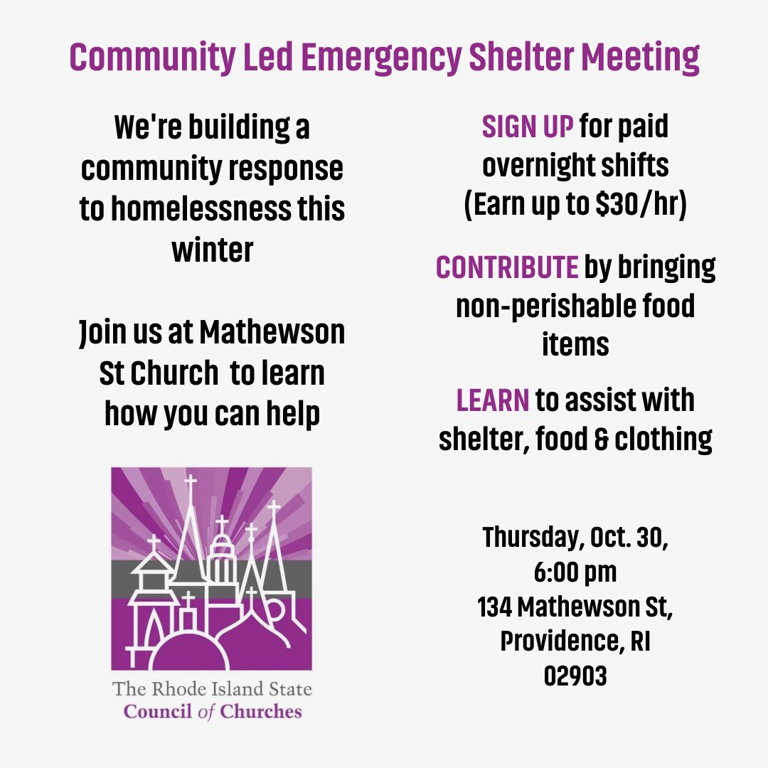 _HarrisonTuttle's tweet image. Thursday at 6 PM. 

Community organized response to homelessness this winter. Join us at Mathewson St Church (134 Mathewson St, Providence, RI 02903) to learn how you can help.