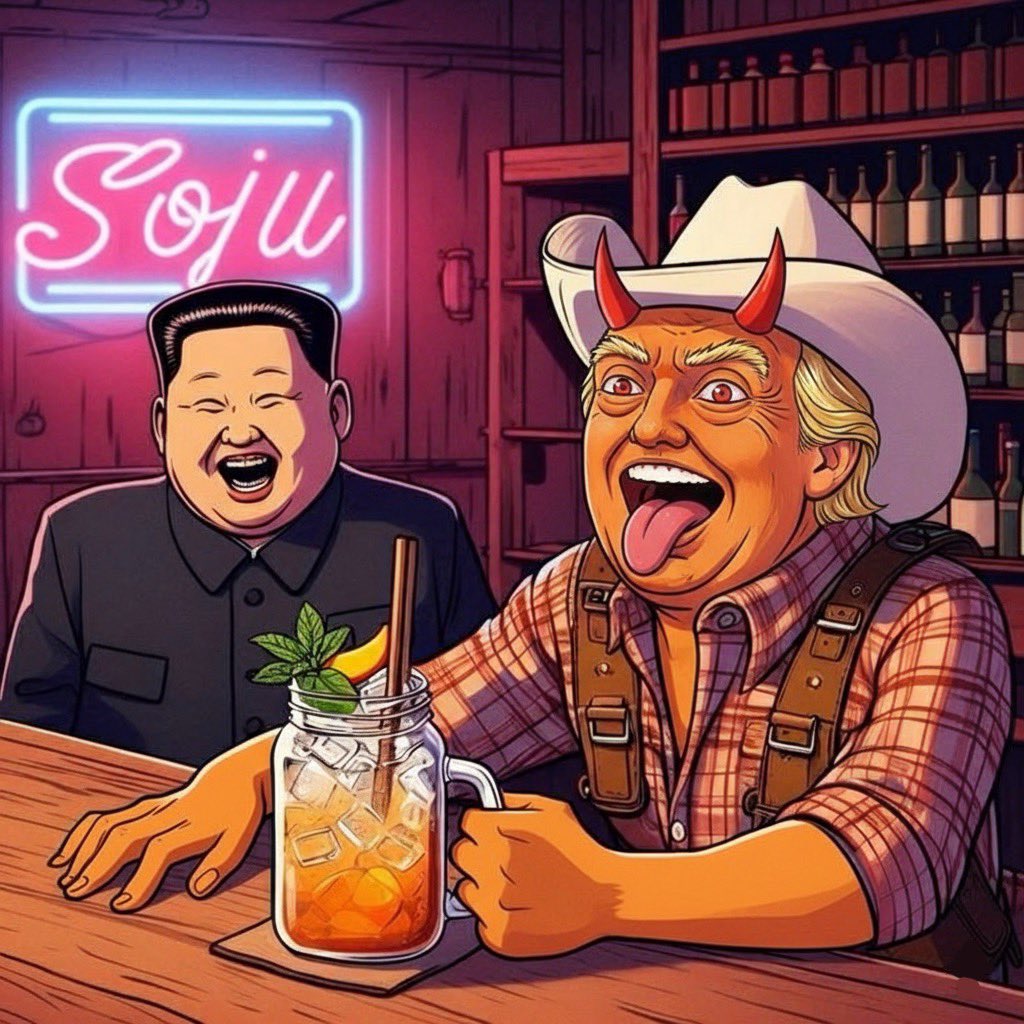 TrumpX_NFTs's tweet photo. Just two legends sharing some Soju and stories, TRUMPX always knows how to keep the vibes high! 

$TRMPX : https://t.co/SGf1bTYMfU https://t.co/1SEwsVJlux