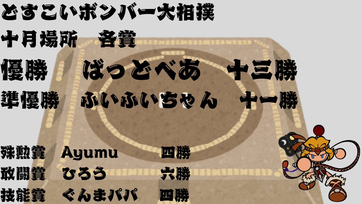 どすこいボンバー10月場所は覚醒したばっどべあがどすこい史上最多の13勝をあげ、横綱ふいふいちゃんを抑えての優勝！

来週のどすこいはお休みです。