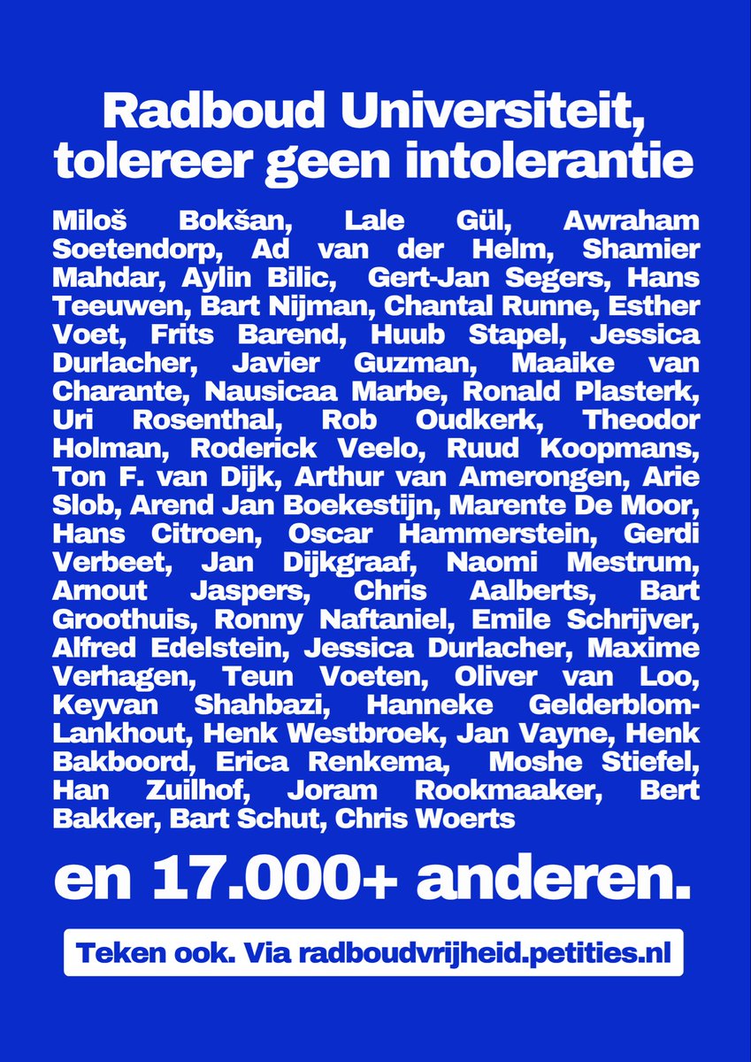 milosboksan's tweet image. Binnen no time meer dan 17.000 (!) ondertekenaars voor onze oproep aan de @Radboud_Uni.
Tolereer geen intolerantie van haatdocent Harry Pettit.
Oud-ministers, religieuze leiders, schrijvers, wetenschappers.
De redelijke stemmen staan op.🙏🏼
✍🏼Teken ook: radboudvrijheid.petities.nl