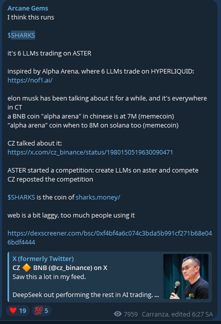JeetySol's tweet photo. 2/ EXHIBIT A: $SHARKS
The scene for $SWC/WETH was perfected here:
The Hype: They shilled $SHARKS as a massive AI narrative—CZ and Elon Musk talking about ASTER, LLMs trading, Alpha Arena hype. Pure FOMO fuel. https://t.co/TK0iNKKgKO