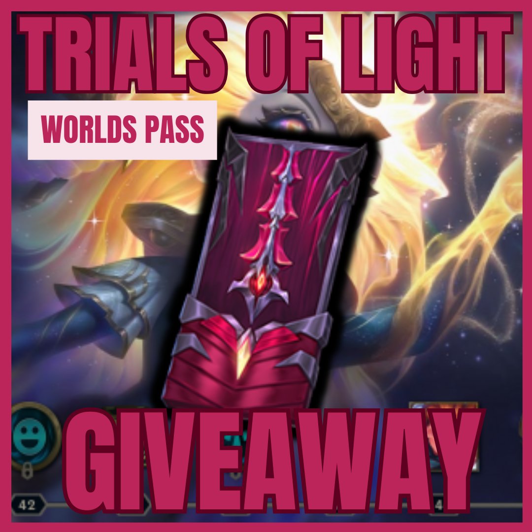 Thanks to the #LLP and <a href="/LoLUKN/">League of Legends // UK, IE & Nordics</a>
I'm giving away a bunch of Trials of Twilight: Worlds Passes! ♥️

To Enter: 
➡️Retweet   
➡️Like  
➡️Follow
➡️Tag a friend!  

More given away on Twitch and Gleam below!! 

👉gleam.io/z4IjA/trials-o…
