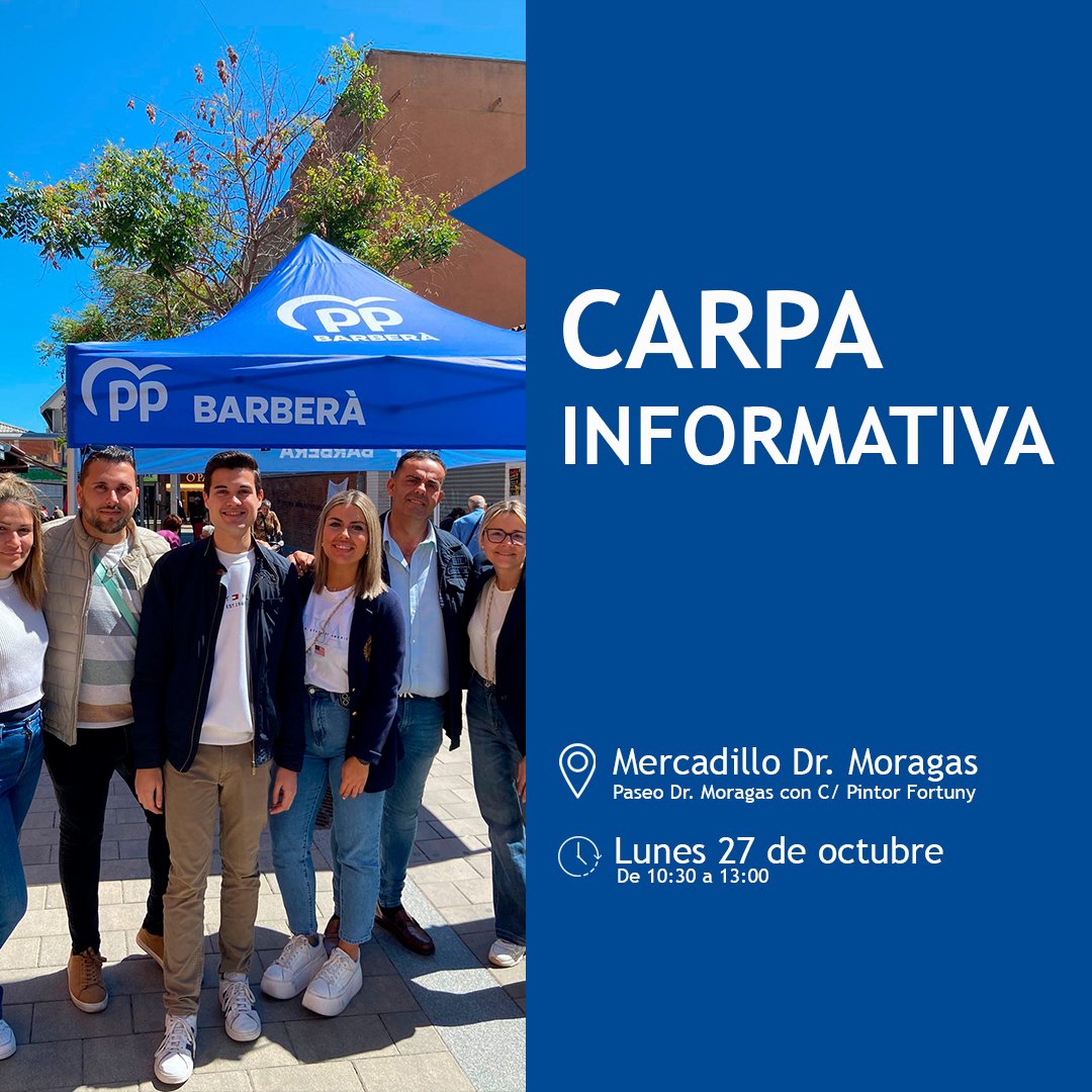 📣 ¡Nos vemos este lunes en el Mercadillo Dr. Moragas!
Ven a conocer nuestras propuestas y a charlar con nosotros en la carpa informativa del PP de Barberà del Vallès 💙

🗓 Lunes 27 de octubre
🕥 De 10:30 a 13:00 h

Tu opinión cuenta. ¡Acércate y comparte tus ideas!

#PPBarberà