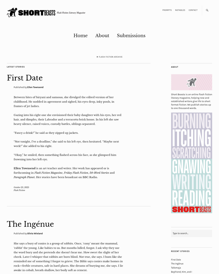 New publisher listing for: Short Beasts: Flash Fiction Literary Magazine @shortbeasts (Fiction; non-paying) duotrope.com/magazine/short… #WritingCommunity