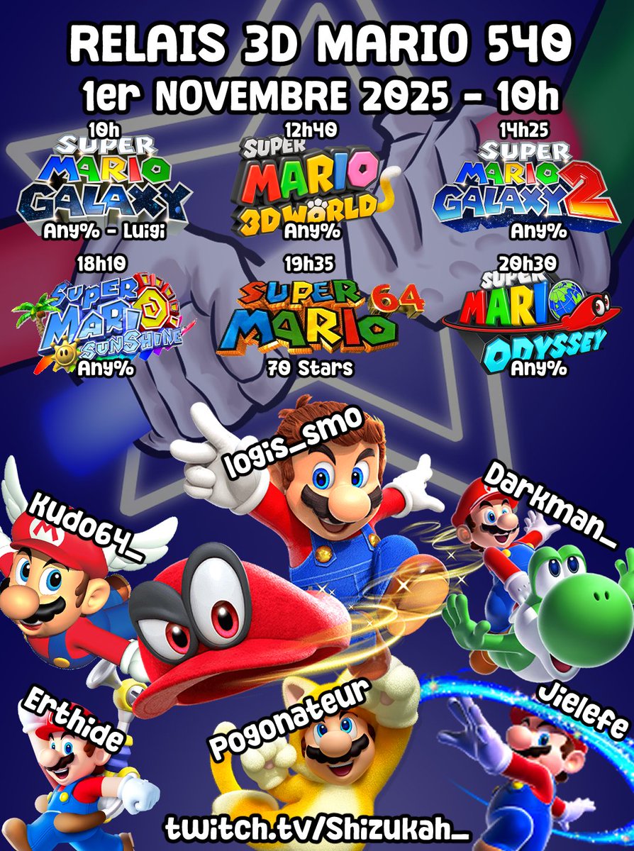 🚨 Ce Samedi 1er Novembre à 10h, j'organise un relais de Speedrun Francophone, le 3D Mario 540 qui regroupe le Any% de tous les Mario 3D des consoles de salons !
Les runners sont très très forts, merci à eux pour la participation ! 🙏
twitch.tv/shizukah_