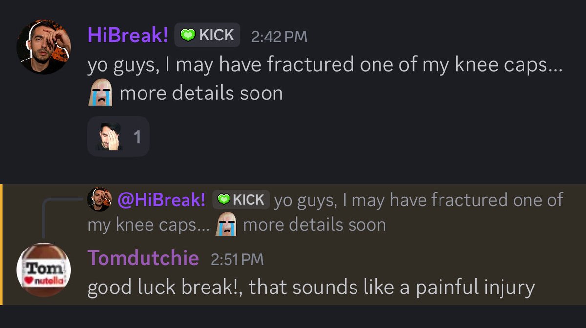 StreamClipsX's tweet image. Streamer HiBreak informed his Discord community of a potential kneecap injury. The IRL streamer hasn’t gone live in 3 weeks.