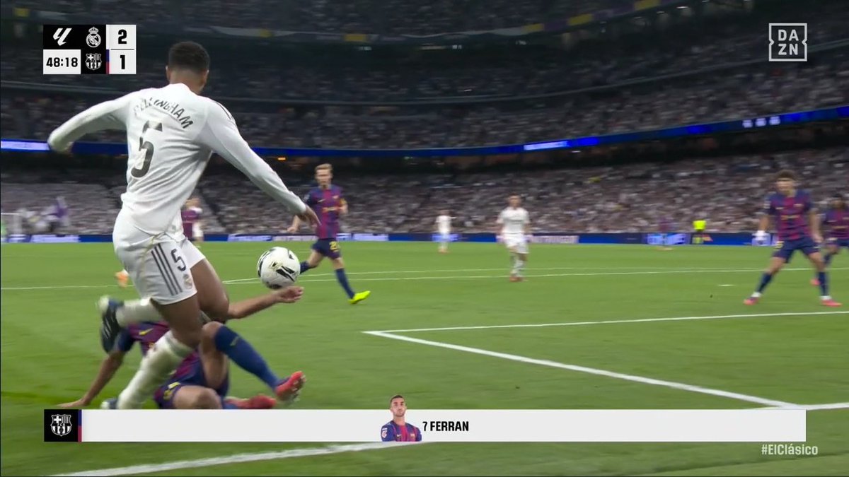 🖥️💥 Cara y cruz para el VAR en el Santiago Bernabéu.

👉🏻 Eric García levanta el brazo y desvía el balón dentro del área tras un toque previo en Bellingham.

✅ 𝗘𝗦 𝗣𝗘𝗡𝗔𝗟𝗧𝗜.

▪️ La clave de la acción es que la mano va hacia la dirección del balón y no al contrario.
