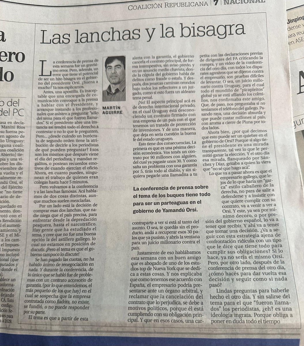 Brillante columna de ⁦<a href="/maguirreh/">martin aguirre</a>⁩ en El País de hoy con argumentos demoledores,que muestran que el Presidente se tiró a una piscina vacía, con argumentos pobrísimos y desbocados de sus escuderos de la Secretaría presidencial, en quienes confió.
La República “al garete”!😩🇺🇾