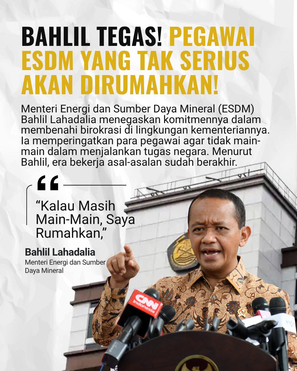 NUpdatehot's tweet photo. Presiden Prabowo Subianto minta jajaran kabinet tegas soal kedisiplinan. Menteri ESDM Bahlil Lahaladia langsung gerak cepat—pegawai yang tak serius akan dirumahkan! 💥
#berita #esdm #esdmfu #1tahunenergiprabowo #1tahunbahlil https://t.co/fIYTIKJhAm