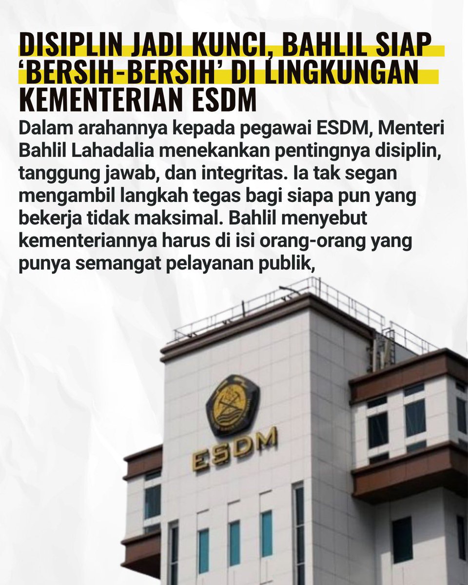 NUpdatehot's tweet photo. Presiden Prabowo Subianto minta jajaran kabinet tegas soal kedisiplinan. Menteri ESDM Bahlil Lahaladia langsung gerak cepat—pegawai yang tak serius akan dirumahkan! 💥
#berita #esdm #esdmfu #1tahunenergiprabowo #1tahunbahlil https://t.co/fIYTIKJhAm