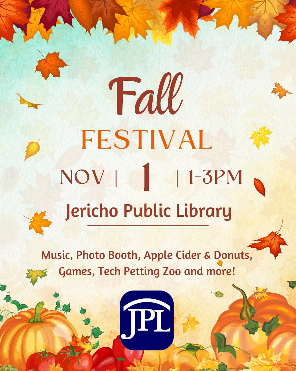 Jericho_library's tweet image. Get ready for a day packed with fun, food, and festive vibes! Play a round of mini golf, savor tasty donuts &amp;amp; sip on crisp cider, strike a pose at our photo booth, try your luck at exciting games, explore our tech petting zoo ...and so much more!
#JerichoLibrary