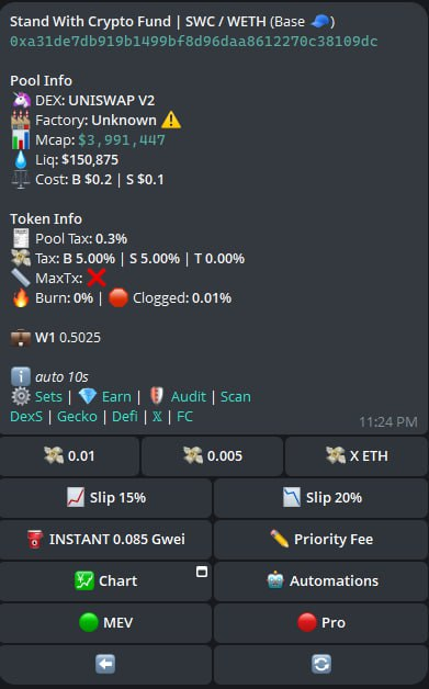 JeetySol's tweet photo. 5/ The Better Choice for this hype-narrative: $Standwithcrypto/Zora 💎
This is why we focus on the $Standwithcrypto/Zora.
If you still need convincing, let’s take a look at the contracts themselves-The true tech. I pasted both CAs through the same trading bot. And here’s the result:

- The Zora pair passed with a verified factory which means CLEAN CODE, NO SECRECTS.
- THe $SWC/WETH: the bot returned a critical warning : “UNKNOWN”
