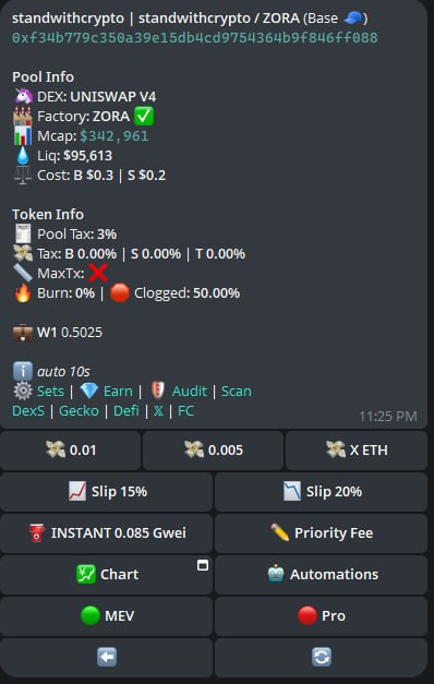 JeetySol's tweet photo. 5/ The Better Choice for this hype-narrative: $Standwithcrypto/Zora 💎
This is why we focus on the $Standwithcrypto/Zora.
If you still need convincing, let’s take a look at the contracts themselves-The true tech. I pasted both CAs through the same trading bot. And here’s the result:

- The Zora pair passed with a verified factory which means CLEAN CODE, NO SECRECTS.
- THe $SWC/WETH: the bot returned a critical warning : “UNKNOWN”
