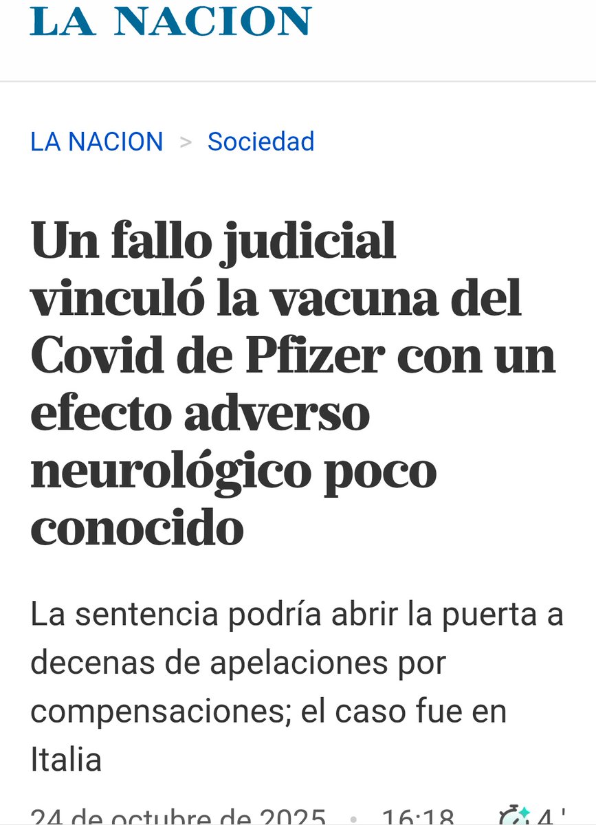 "hasta 2022 registró 593 casos de mielitis transversa posteriores a la vacunación, de los cuales 280 correspondían a vacunas de ARN mensajero (RNAm)."
 lanacion.com.ar/sociedad/un-fa…
