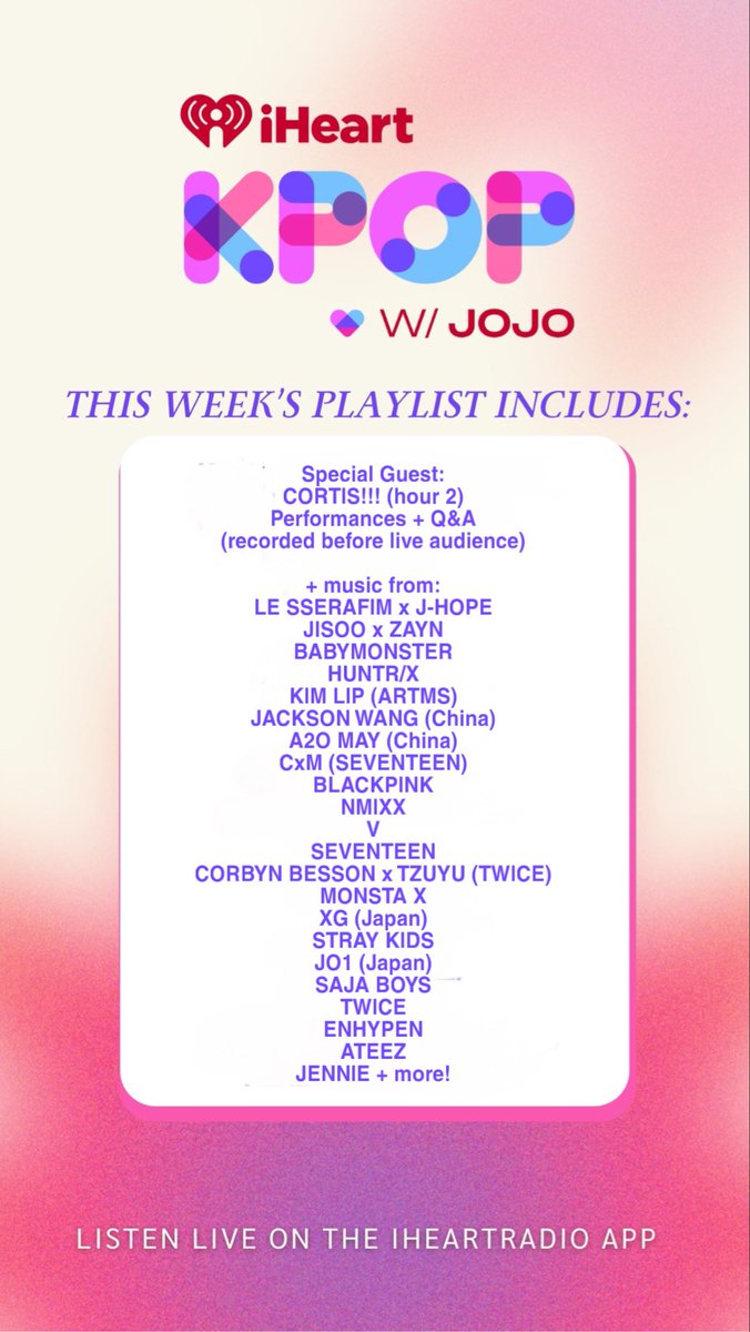 JoJoWright's tweet image. Tonight 6-8PM (pst) @1027KIISFM: #CORTIS interview!!! + 🎶 #LESSERAFIM x #JHOPE #JISOO x #ZAYN #BABYMONSTER #Huntrix #KimLip #ARTMS #JacksonWang #A2OMay #CxM #Blackpink #NMIXX #V #Seventeen #CorbynBesson x #TZUYU #MonstaX #XG #StrayKids #JO1 #SajaBoys #Twice #ENHYPEN #Ateez…