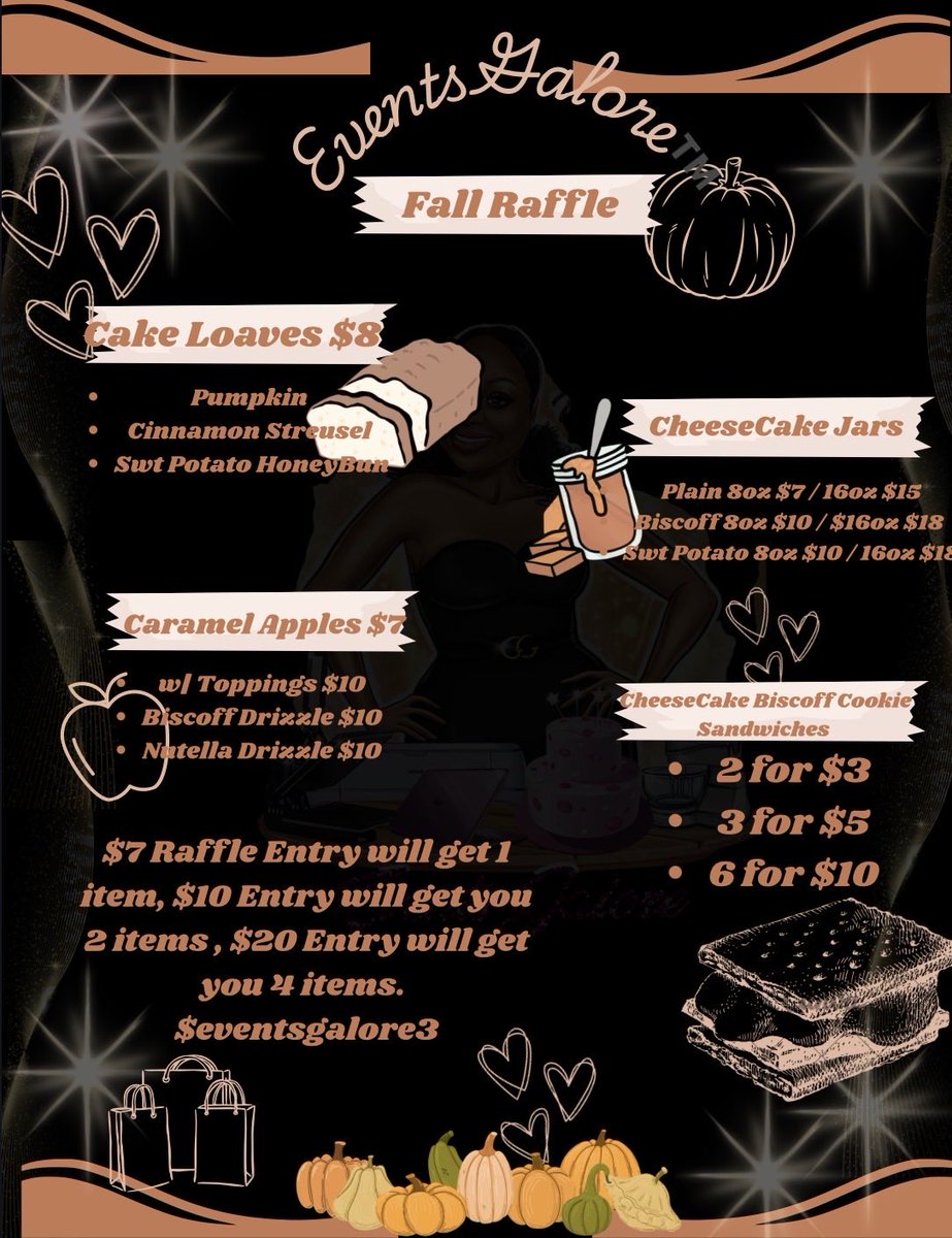 EVENTSgalore_3's tweet photo. Ending this Beautiful Month with a Raffle🍂🍁🍃

$7 Entry will get you any One (1) item
$10 Entry will get you any Two (2) items
$20 Entry will get you any Four (4) items https://t.co/iJjaXge4NU