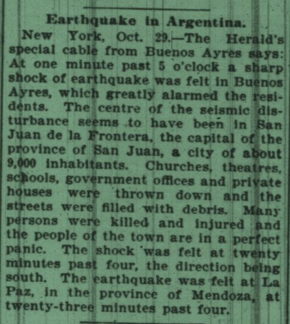 27 October 1894 19:30 UT
M7.5-8.0 #earthquake devastated San Juan, Argentina, killing 60 people. Strongly felt in Mendoza and slightly in Cordoba and Buenos Aires. An even worse EQ destroyed the city in 1944.
emidius.eu/GEH/info/?en=1…
sismo.conicet.gov.ar/investigadores/
nyshistoricnewspapers.org