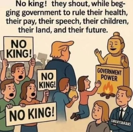 Funny that the same people shouting No King are the same people who vote for more government control.  Make it make sense.